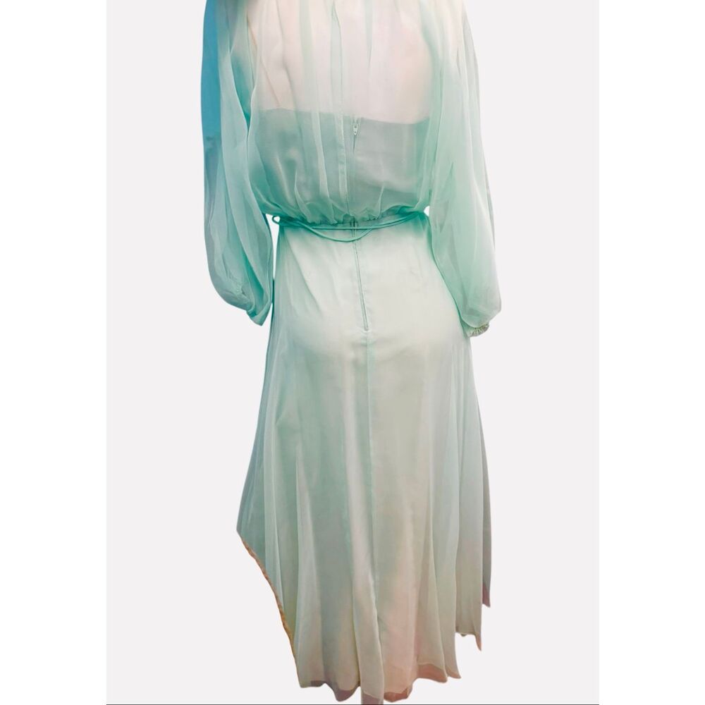 Vintage 70’s Sea Foam Green Blue Overlay Chiffon Goddess Gown Women’s Size XS Ma - Picture 4 of 14